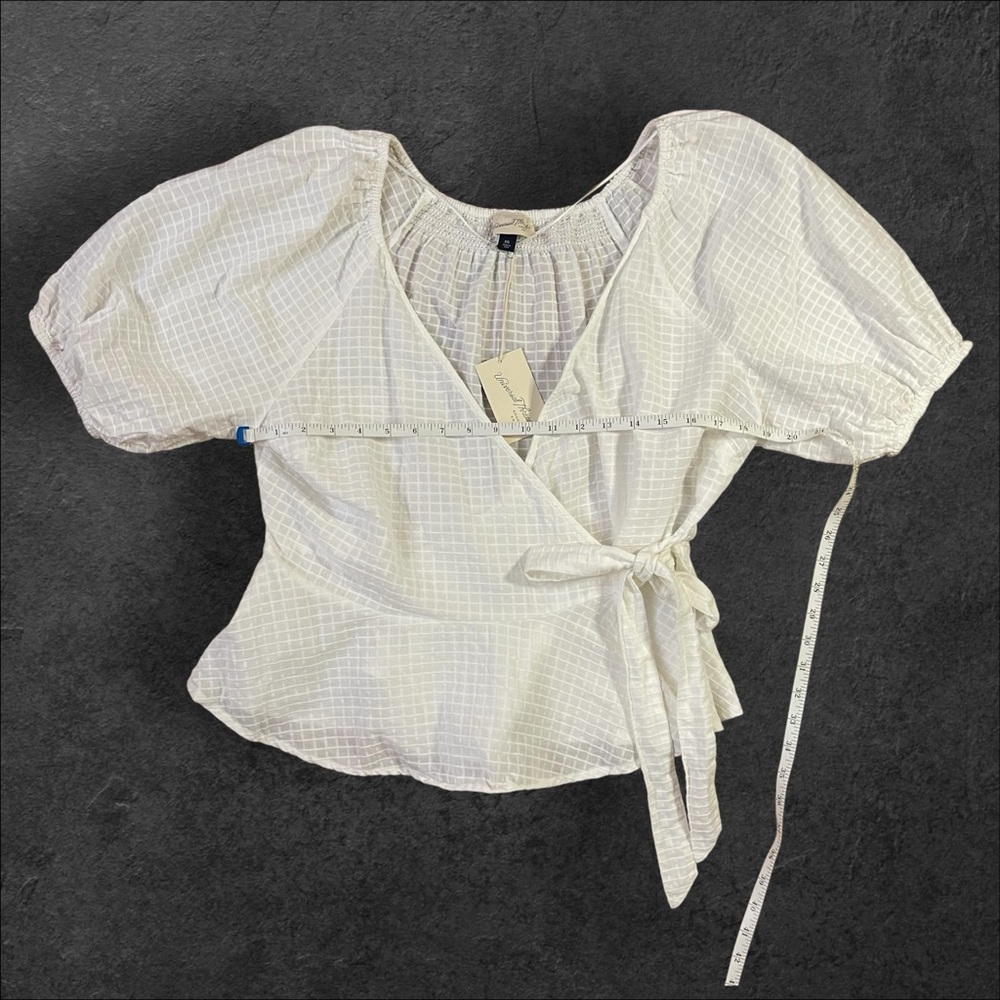 Puff Sleeve Wrap Bow Tie Textured White Blouse XXL - Picture 7 of 8